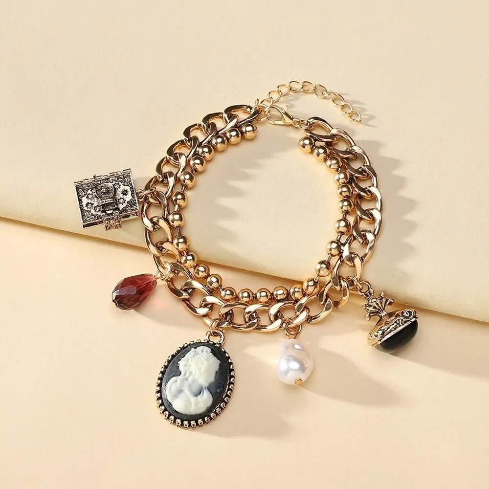 Vintage Style Gold Charm Bracelet Cameo Pearl Red Crystal Chunky Coquette Gift